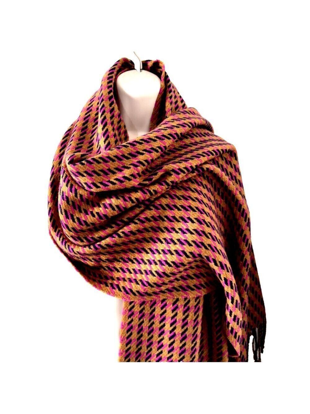 NWOT J Crew Wool Blend Scarf Camel Navy Blue Pink Geometric 22"x90"